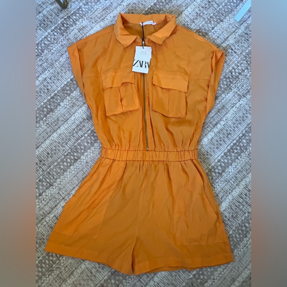 Zara Bright Orange Utility Romper with Collar NWT